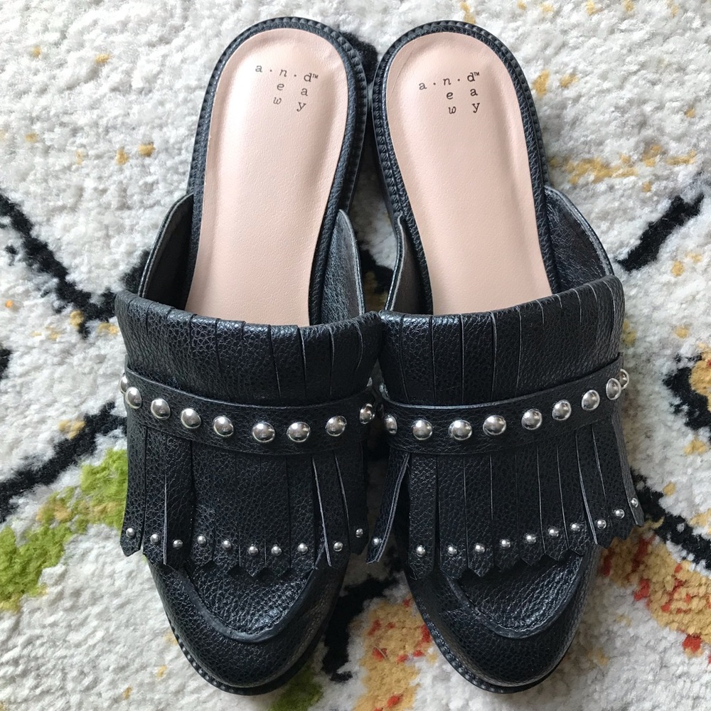 a new day Black Studded Fringe Mules